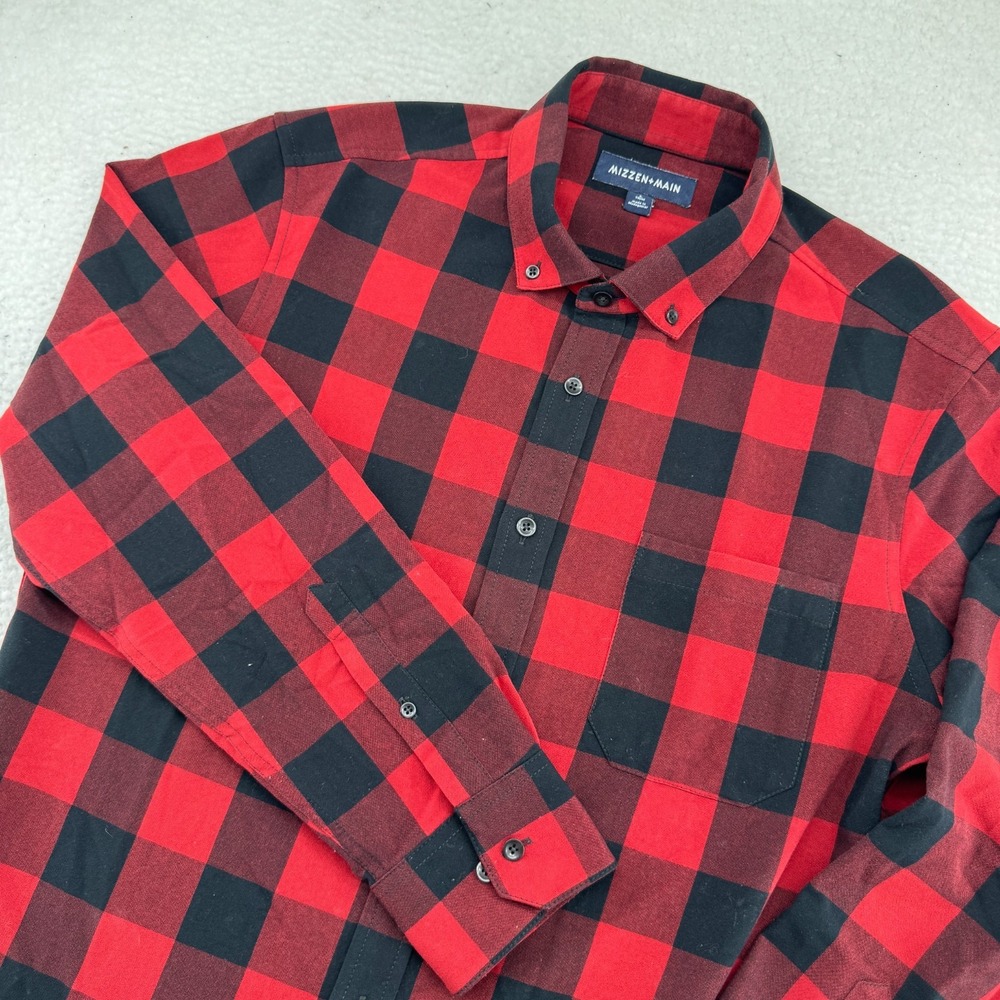 Mizzen + Main Shirt Mens Large Trim Red Plaid Long Sleeve Button Down Stretch